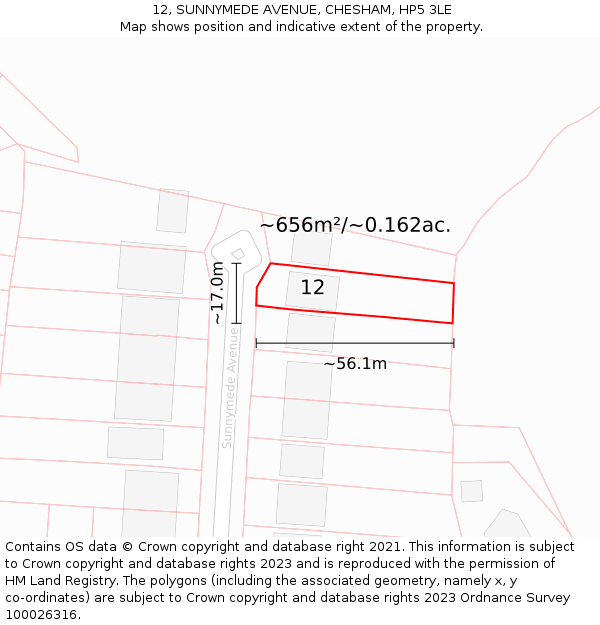 12, SUNNYMEDE AVENUE, CHESHAM, HP5 3LE: Plot and title map