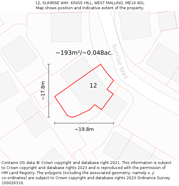 12, SUNRISE WAY, KINGS HILL, WEST MALLING, ME19 4DL: Plot and title map