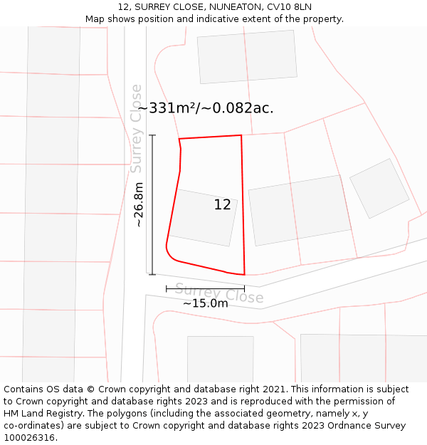 12, SURREY CLOSE, NUNEATON, CV10 8LN: Plot and title map