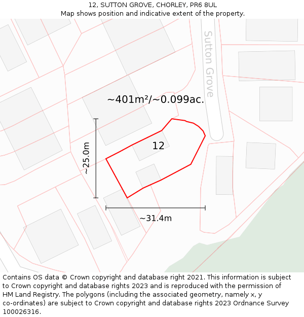 12, SUTTON GROVE, CHORLEY, PR6 8UL: Plot and title map