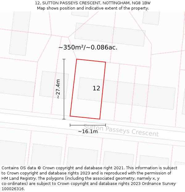 12, SUTTON PASSEYS CRESCENT, NOTTINGHAM, NG8 1BW: Plot and title map