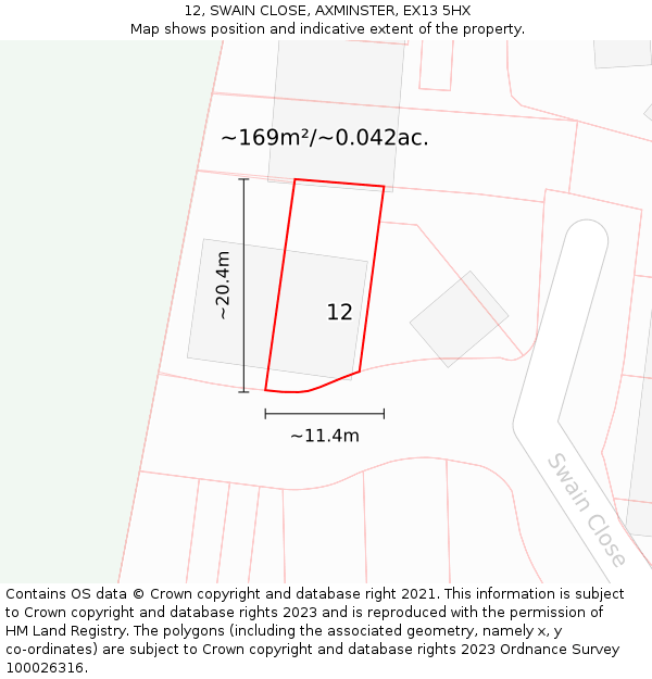 12, SWAIN CLOSE, AXMINSTER, EX13 5HX: Plot and title map