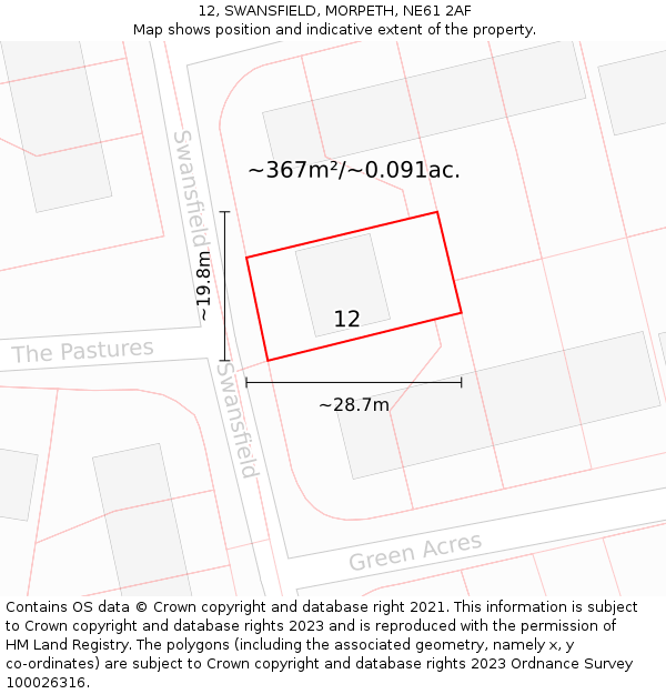 12, SWANSFIELD, MORPETH, NE61 2AF: Plot and title map