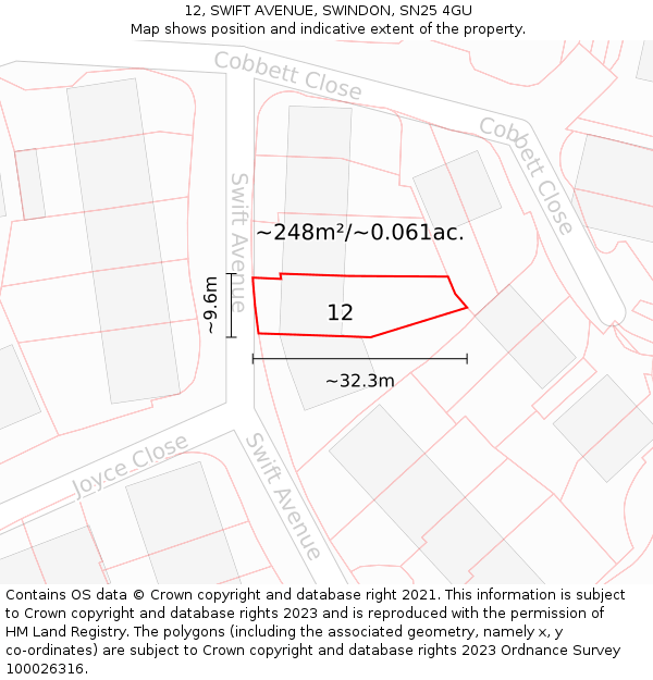 12, SWIFT AVENUE, SWINDON, SN25 4GU: Plot and title map