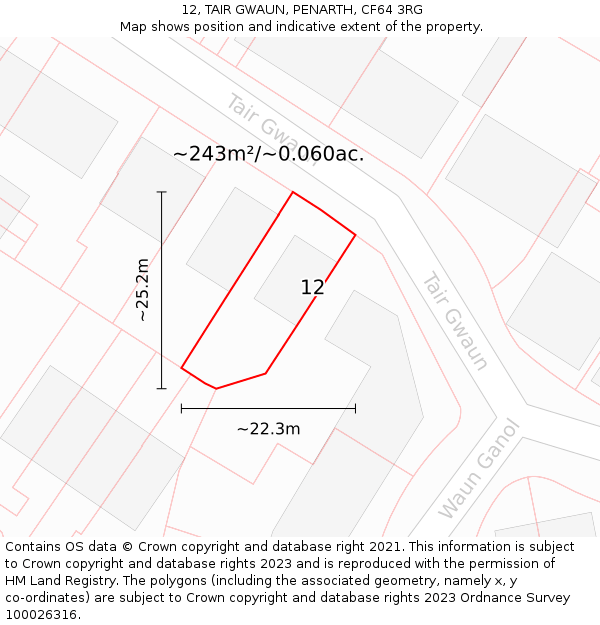 12, TAIR GWAUN, PENARTH, CF64 3RG: Plot and title map