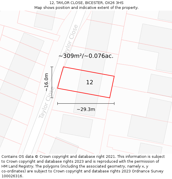 12, TAYLOR CLOSE, BICESTER, OX26 3HS: Plot and title map