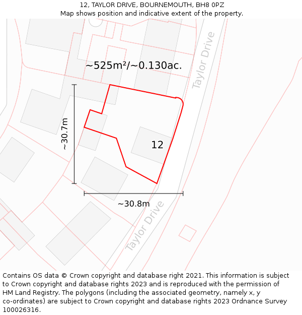 12, TAYLOR DRIVE, BOURNEMOUTH, BH8 0PZ: Plot and title map
