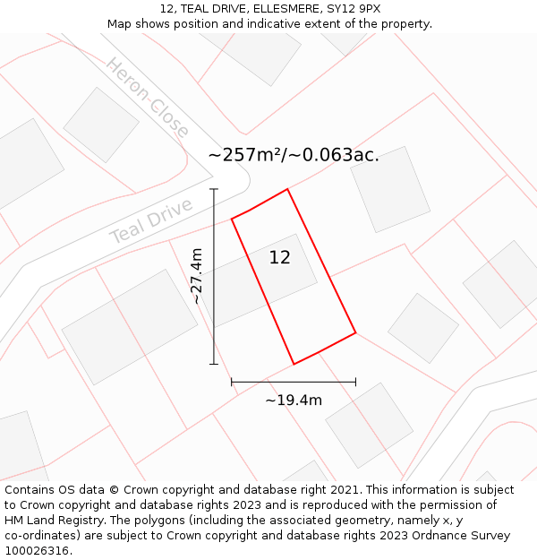 12, TEAL DRIVE, ELLESMERE, SY12 9PX: Plot and title map