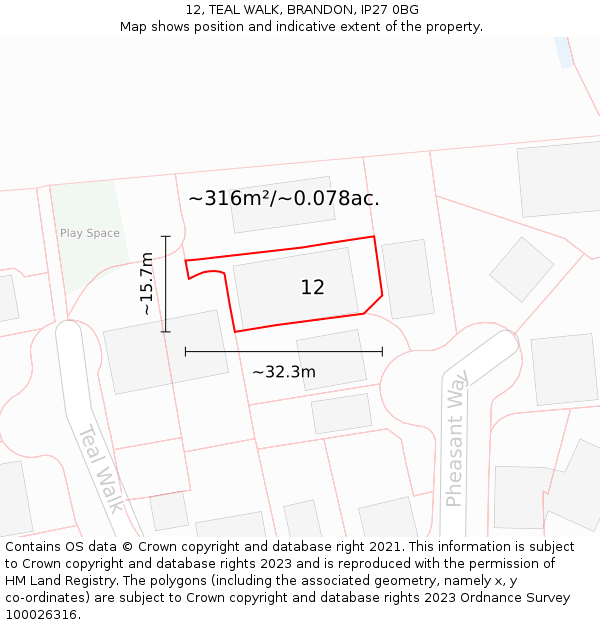 12, TEAL WALK, BRANDON, IP27 0BG: Plot and title map