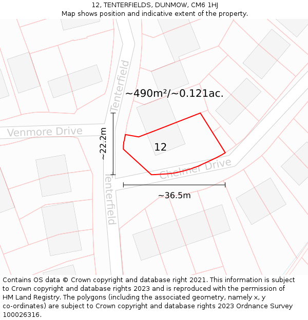 12, TENTERFIELDS, DUNMOW, CM6 1HJ: Plot and title map