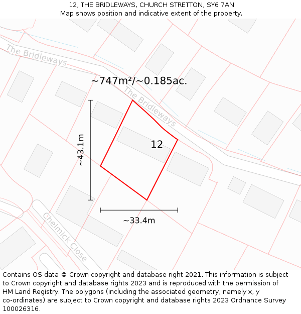 12, THE BRIDLEWAYS, CHURCH STRETTON, SY6 7AN: Plot and title map