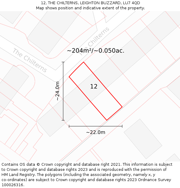 12, THE CHILTERNS, LEIGHTON BUZZARD, LU7 4QD: Plot and title map