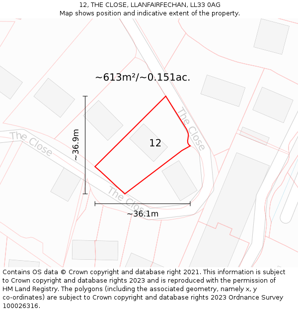 12, THE CLOSE, LLANFAIRFECHAN, LL33 0AG: Plot and title map