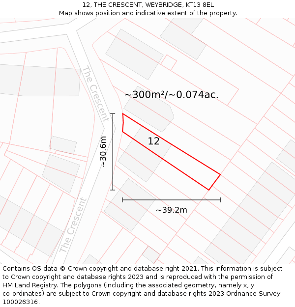 12, THE CRESCENT, WEYBRIDGE, KT13 8EL: Plot and title map