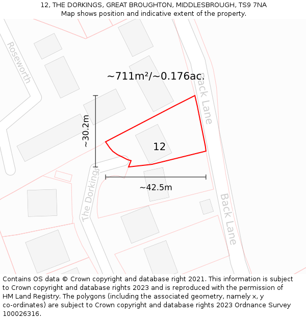 12, THE DORKINGS, GREAT BROUGHTON, MIDDLESBROUGH, TS9 7NA: Plot and title map