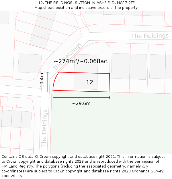 12, THE FIELDINGS, SUTTON-IN-ASHFIELD, NG17 2TF: Plot and title map