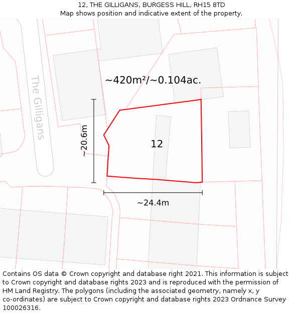 12, THE GILLIGANS, BURGESS HILL, RH15 8TD: Plot and title map