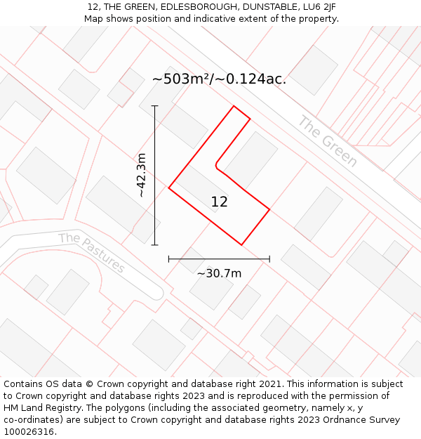 12, THE GREEN, EDLESBOROUGH, DUNSTABLE, LU6 2JF: Plot and title map