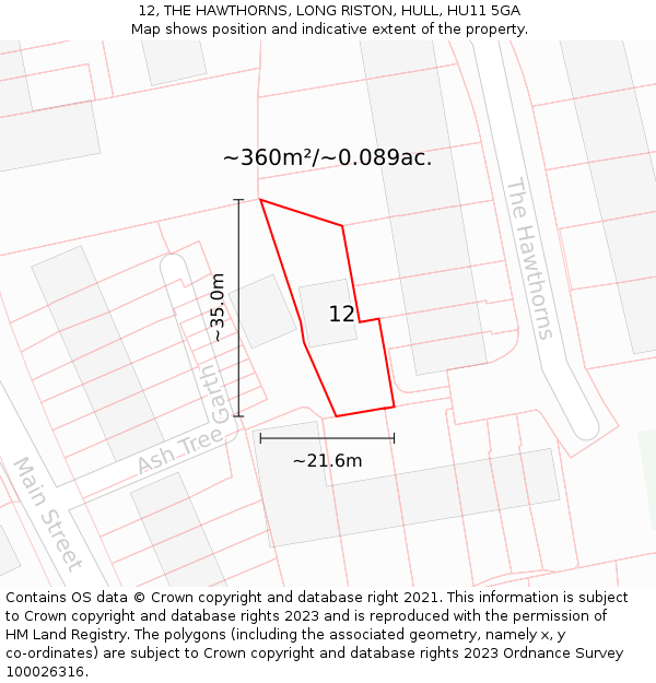 12, THE HAWTHORNS, LONG RISTON, HULL, HU11 5GA: Plot and title map