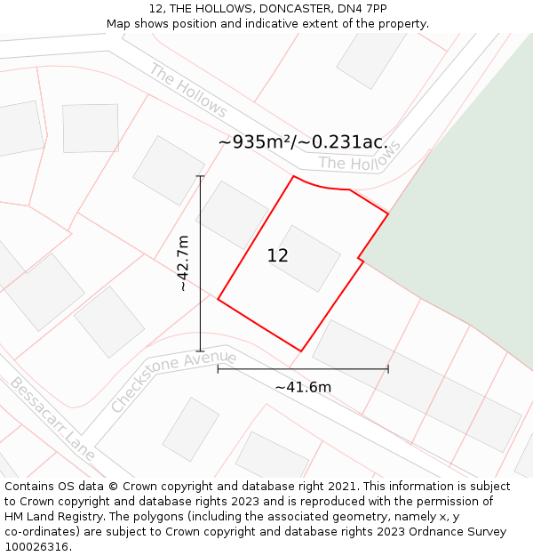 12, THE HOLLOWS, DONCASTER, DN4 7PP: Plot and title map