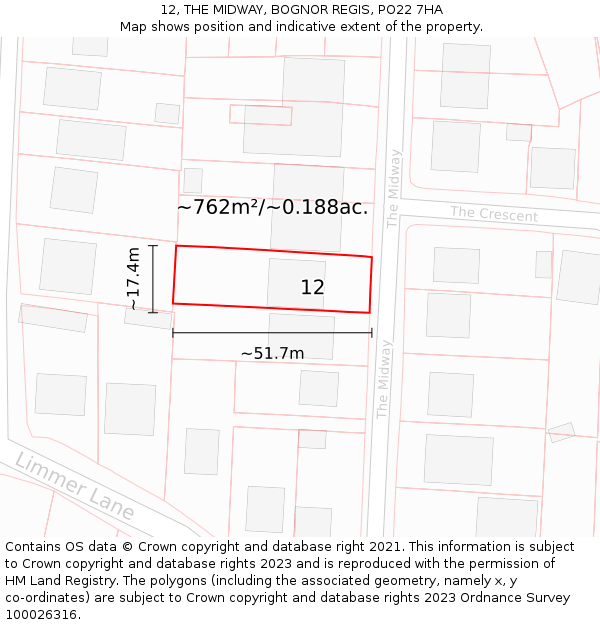 12, THE MIDWAY, BOGNOR REGIS, PO22 7HA: Plot and title map