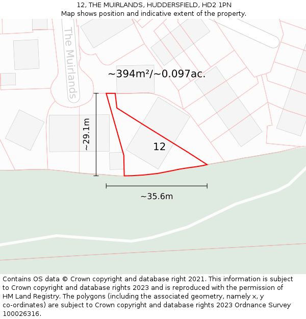 12, THE MUIRLANDS, HUDDERSFIELD, HD2 1PN: Plot and title map