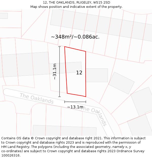 12, THE OAKLANDS, RUGELEY, WS15 2SD: Plot and title map