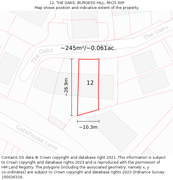 12, THE OAKS, BURGESS HILL, RH15 9XP: Plot and title map