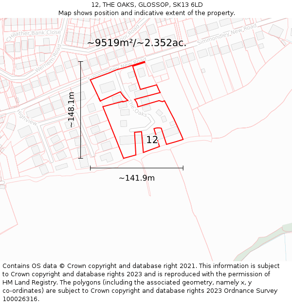 12, THE OAKS, GLOSSOP, SK13 6LD: Plot and title map