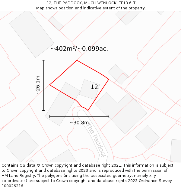 12, THE PADDOCK, MUCH WENLOCK, TF13 6LT: Plot and title map