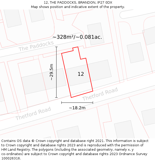 12, THE PADDOCKS, BRANDON, IP27 0DX: Plot and title map
