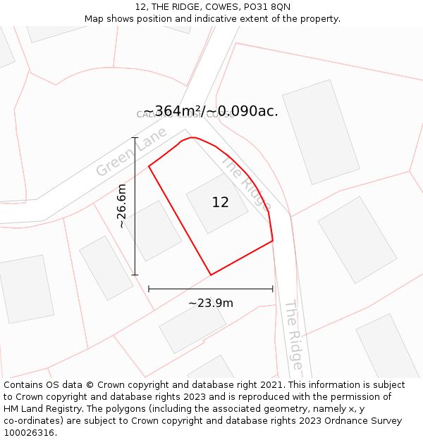 12, THE RIDGE, COWES, PO31 8QN: Plot and title map