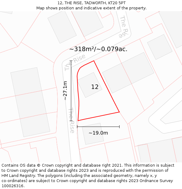 12, THE RISE, TADWORTH, KT20 5PT: Plot and title map