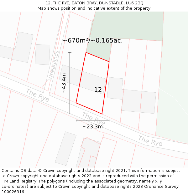 12, THE RYE, EATON BRAY, DUNSTABLE, LU6 2BQ: Plot and title map