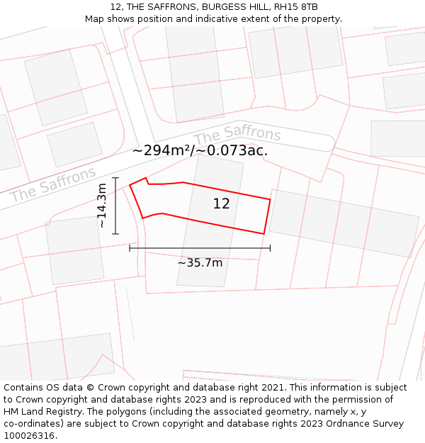 12, THE SAFFRONS, BURGESS HILL, RH15 8TB: Plot and title map