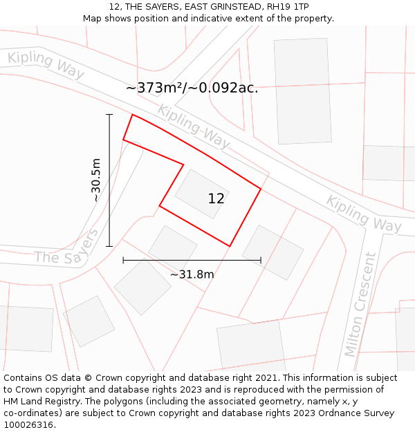 12, THE SAYERS, EAST GRINSTEAD, RH19 1TP: Plot and title map