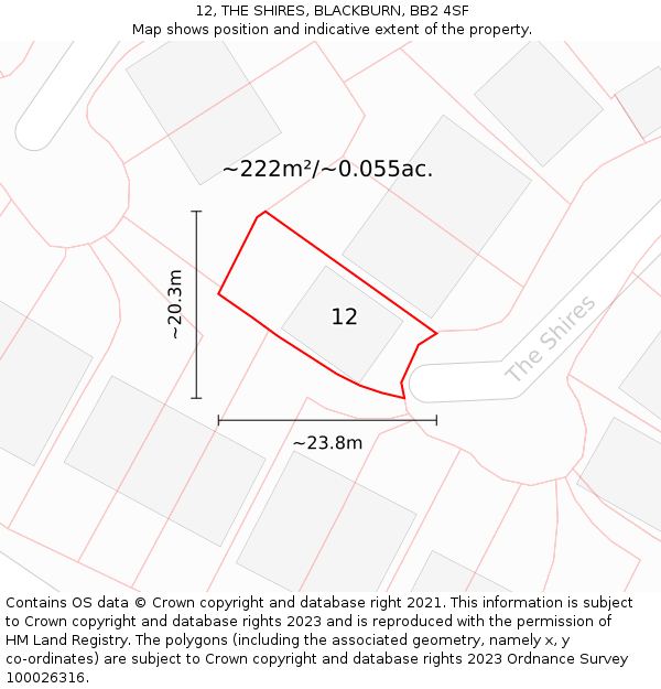 12, THE SHIRES, BLACKBURN, BB2 4SF: Plot and title map