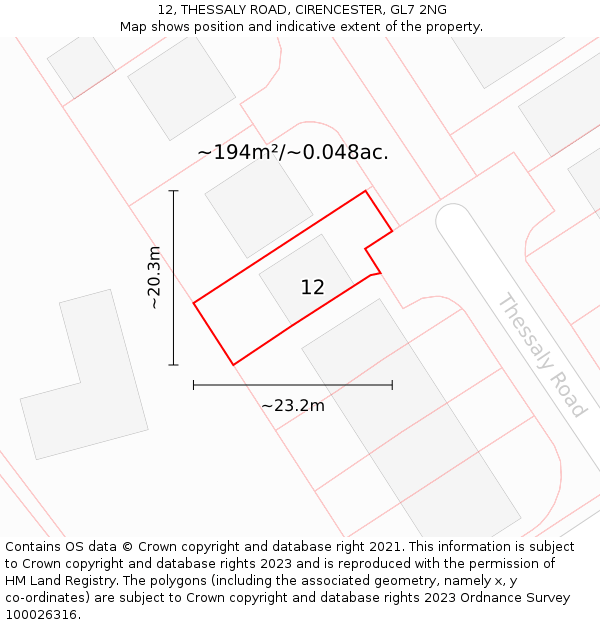 12, THESSALY ROAD, CIRENCESTER, GL7 2NG: Plot and title map