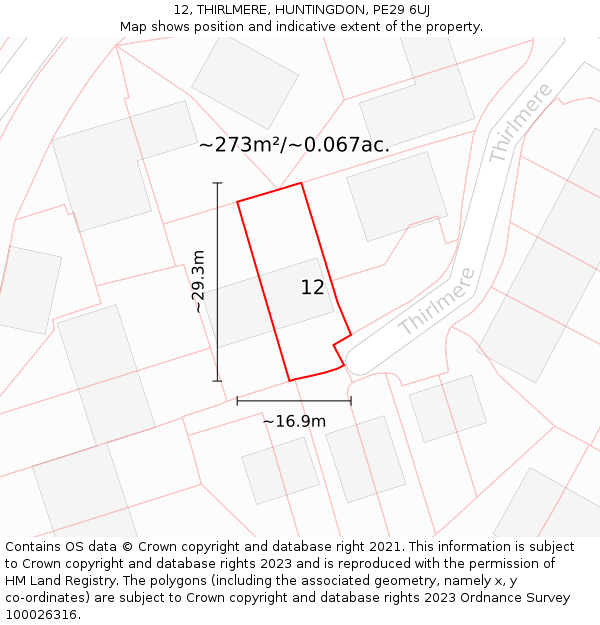 12, THIRLMERE, HUNTINGDON, PE29 6UJ: Plot and title map