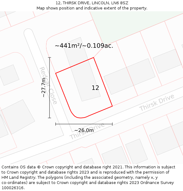 12, THIRSK DRIVE, LINCOLN, LN6 8SZ: Plot and title map