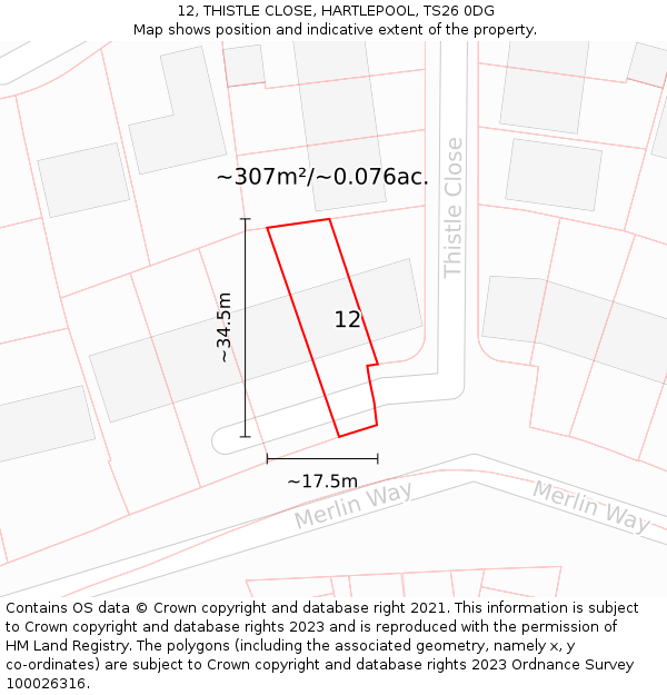 12, THISTLE CLOSE, HARTLEPOOL, TS26 0DG: Plot and title map