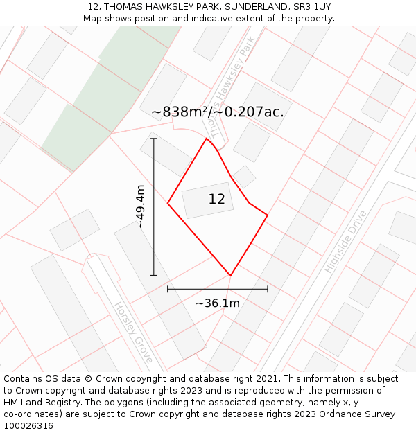 12, THOMAS HAWKSLEY PARK, SUNDERLAND, SR3 1UY: Plot and title map