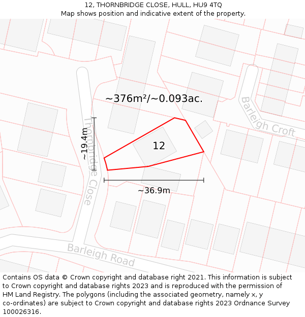 12, THORNBRIDGE CLOSE, HULL, HU9 4TQ: Plot and title map