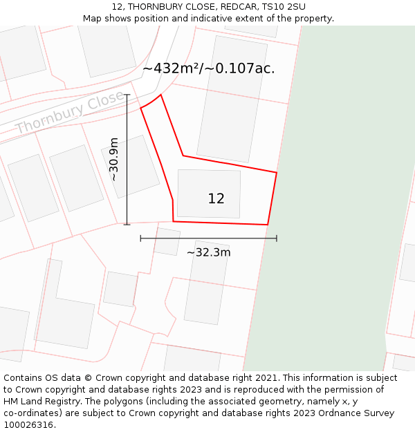 12, THORNBURY CLOSE, REDCAR, TS10 2SU: Plot and title map