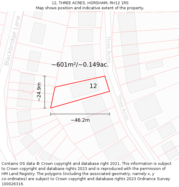 12, THREE ACRES, HORSHAM, RH12 1RS: Plot and title map