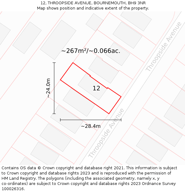 12, THROOPSIDE AVENUE, BOURNEMOUTH, BH9 3NR: Plot and title map