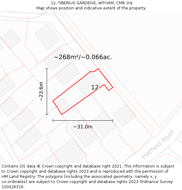 12, TIBERIUS GARDENS, WITHAM, CM8 1HJ: Plot and title map