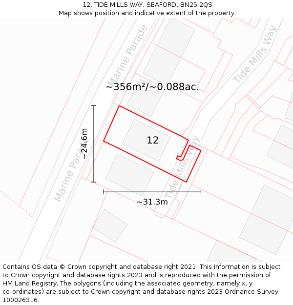 12, TIDE MILLS WAY, SEAFORD, BN25 2QS: Plot and title map