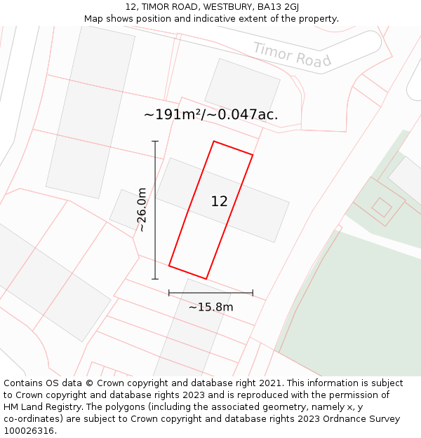 12, TIMOR ROAD, WESTBURY, BA13 2GJ: Plot and title map