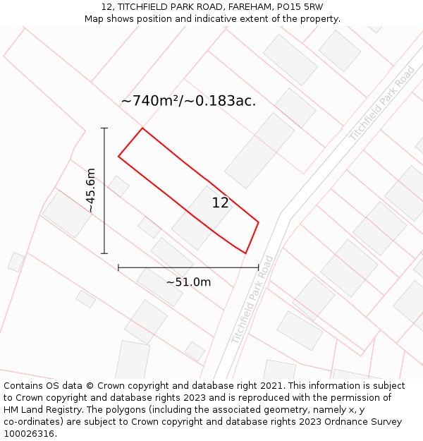 12, TITCHFIELD PARK ROAD, FAREHAM, PO15 5RW: Plot and title map